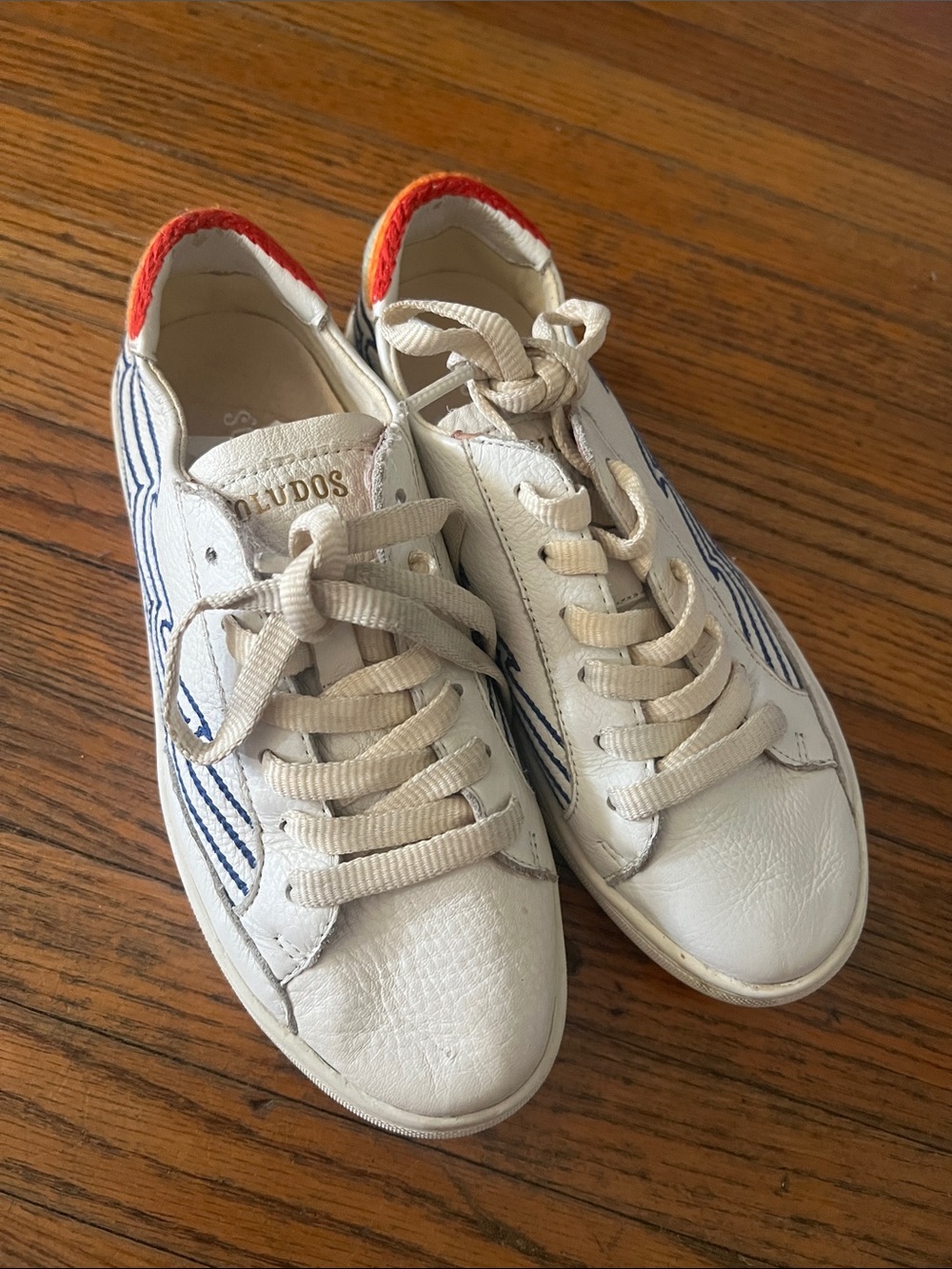 Soludos White Leather Sneakers with Navy wave Stripe and Rainbow Heel